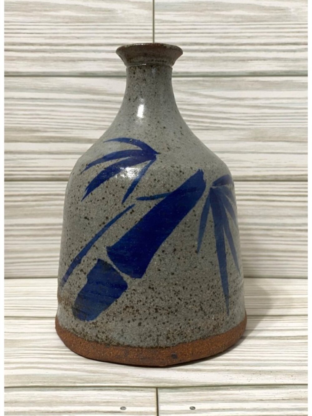Salt Glaze Gray & Blue Vase With Brushstroke Design Handmade 5.75" Tall